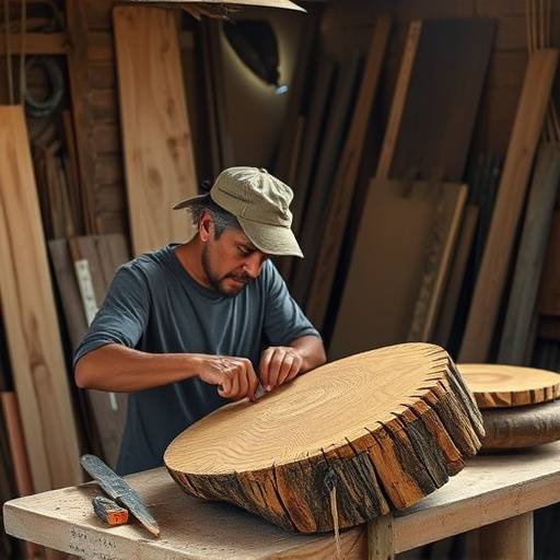 Artesão trabalhando em uma peäa de madeira em sua oficina em Recife.