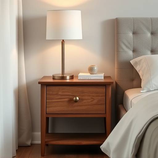 Criado-mudo de madeira com gaveta e detalhes em cerâmica, ao lado de uma cama com luminária.