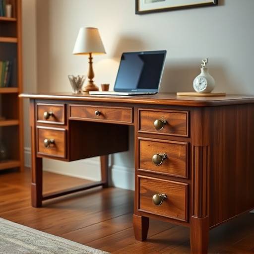 Escrivaninha de madeira com gavetas e design clássico, ideal para escritório ou quarto.