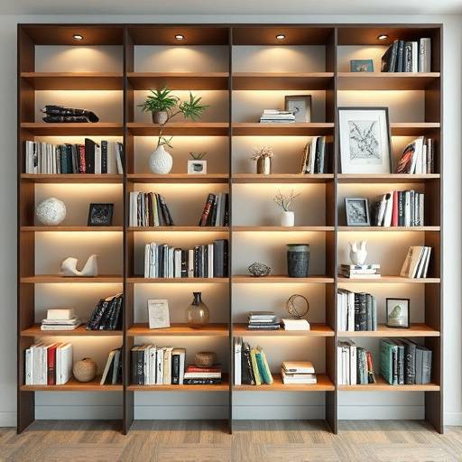 Estante de livros moderna com prateleiras de diferentes tamanhos e objetos decorativos.