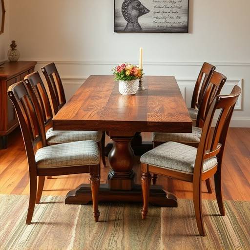 Mesa de jantar rüstica com tampo de madeira maciäa e cadeiras confortáveis ao redor.