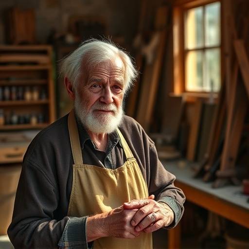 Retrato de Mestre Severino, artesão e fundador da Mobiliário Artesanal Sol Nascente.