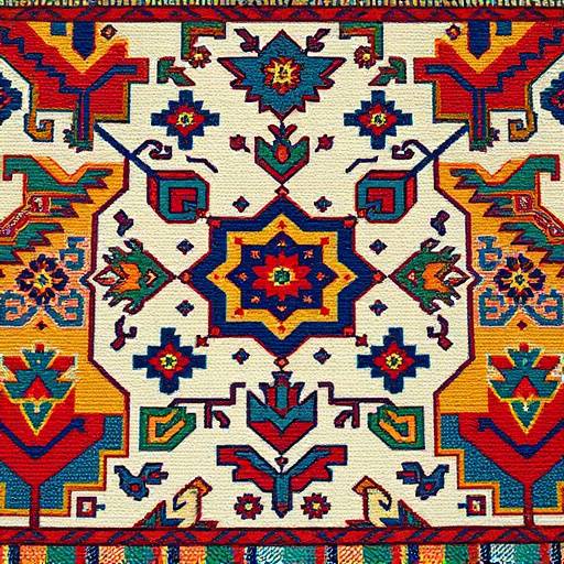 Tapete artesanal com padrões geométricos e cores vibrantes.
